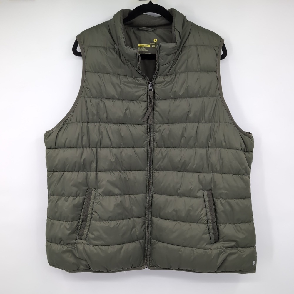 Xersion Mens Packable Puffer Vest Olive Green Full Zip Quilted Padded 2X